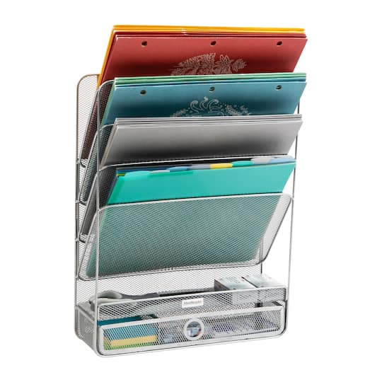 Mind Reader 4-Tier Vertical File Storage, Desktop Organizer, Wall Mount, Office, Metal Mesh, 12.5"L x 4"W x 16.5"H